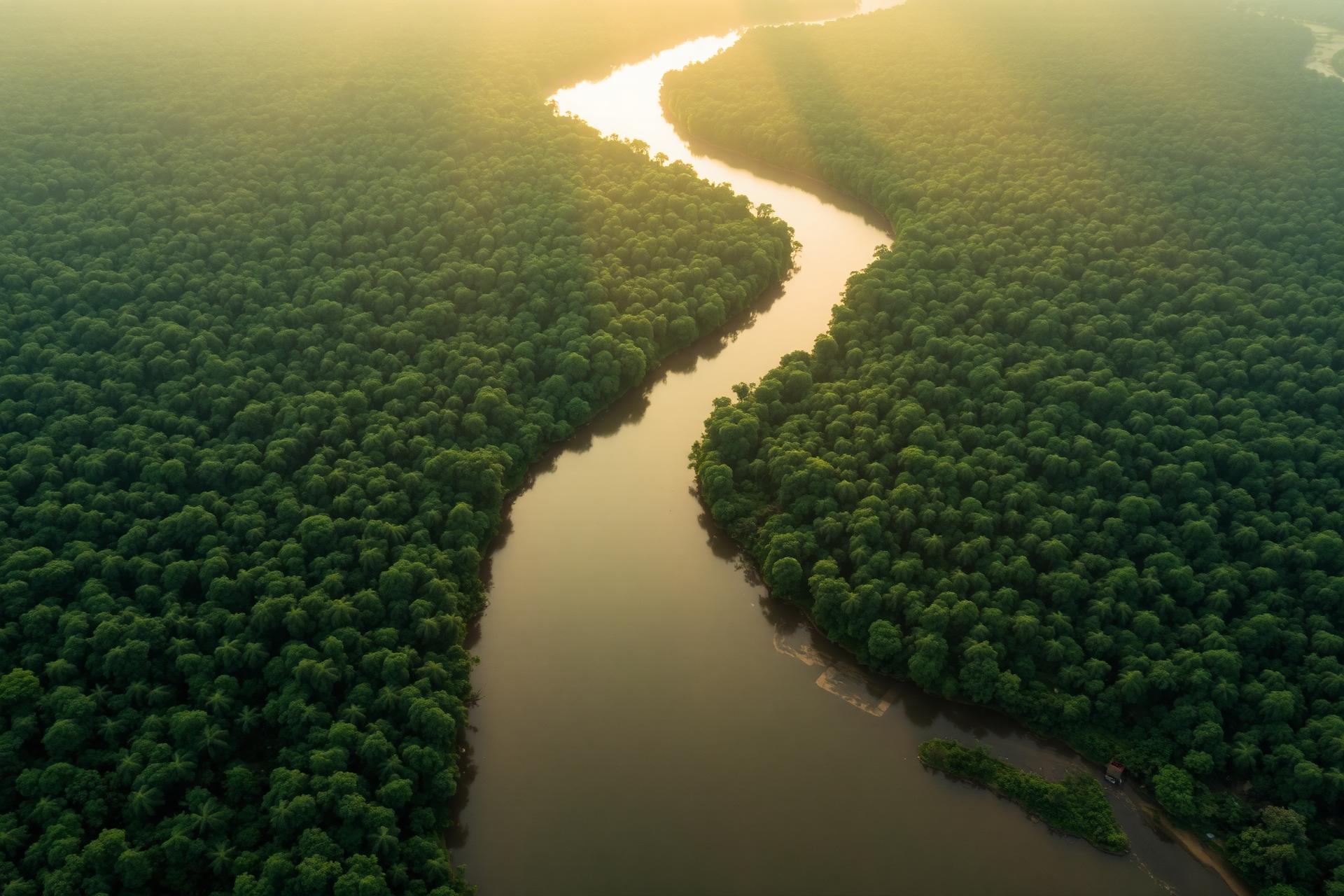 Aerial view of a river winding through the Amazon rainforest at golden hour