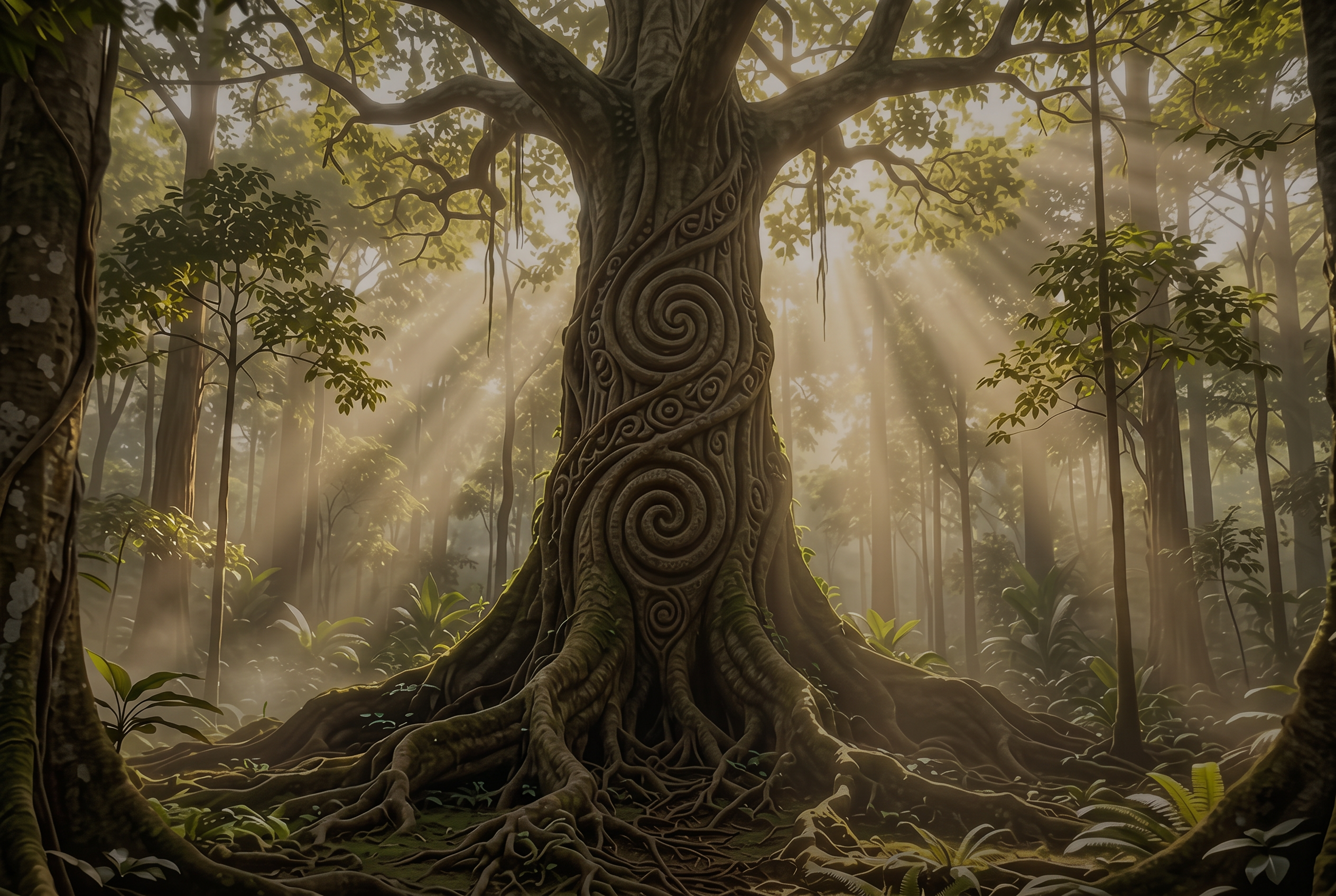 The mother tree of Chakaruna standing deep in the forest among the other ancient trees, golden light on her carved trunk